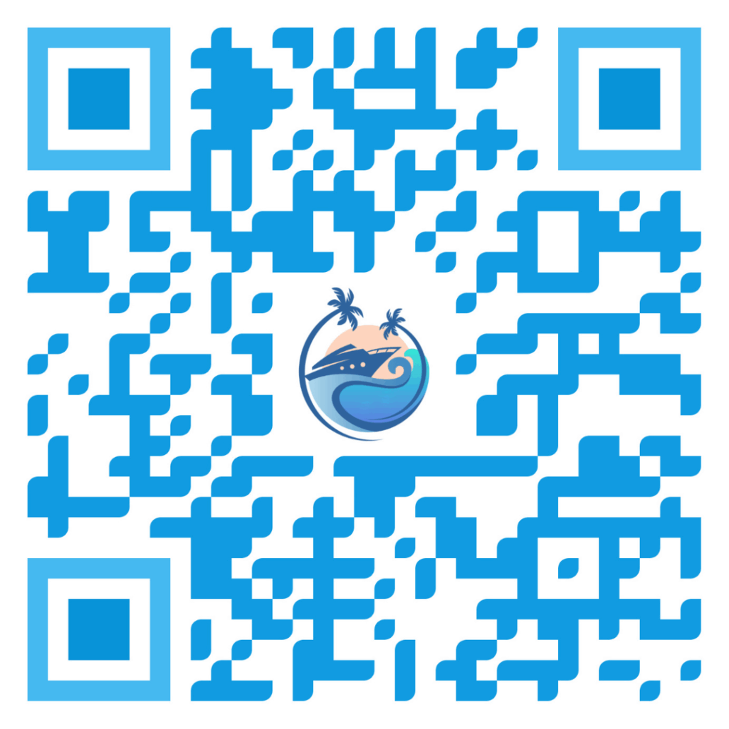 An aqua colored QR code with a cruise ship sailing under a sunset linking to a business card for Denise Cox of Travel Tranquility, LLC