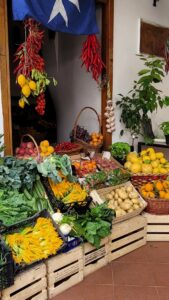 Colorful, freshly picked vegetables in a beautiful walkway market. 