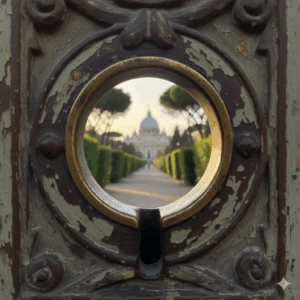 The Aventine Keyhole sits discreetly in a beautiful green door and allows viewers to see St. Peter's Basilica in the distance
