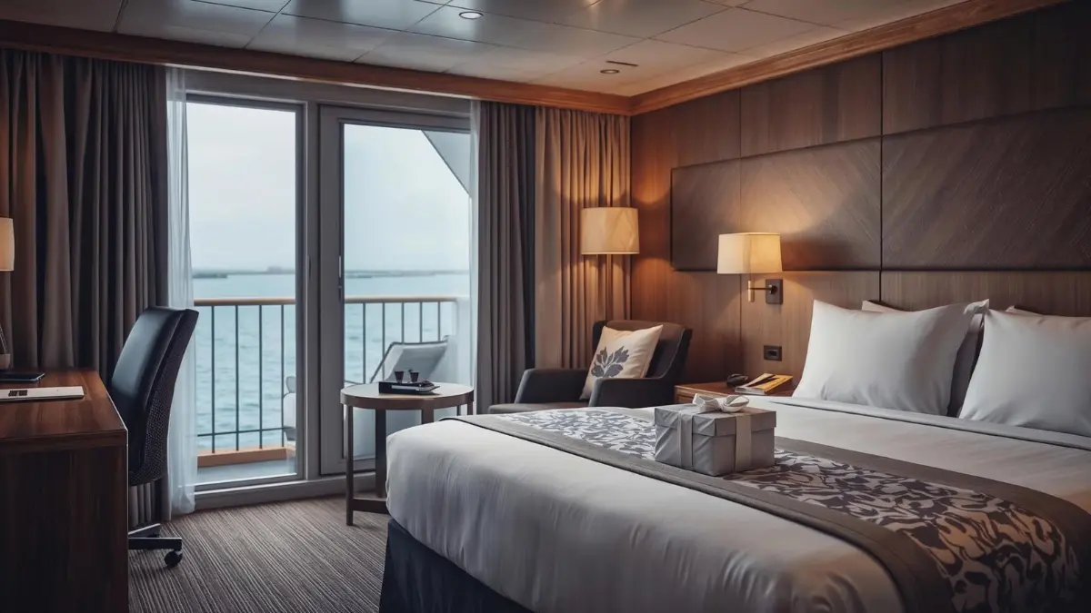 Interior of a luxury cruise ship stateroom featuring a king bed with a welcome gift, a sitting area, and a private balcony overlooking the ocean.