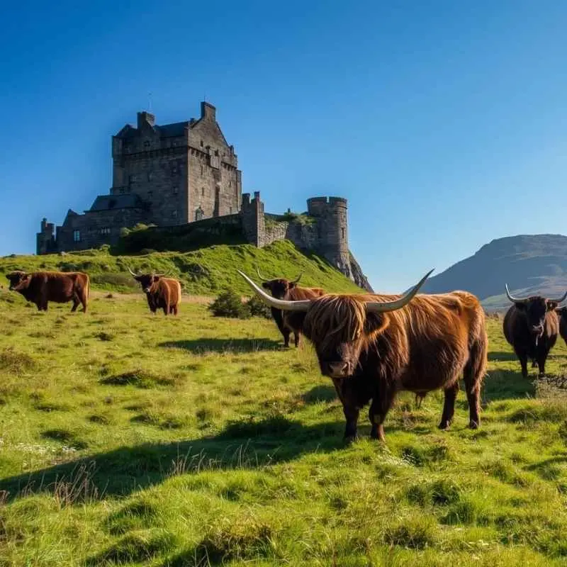 Highland cattle grazing in a green field in front of the historic Eilean Donan Castle in the Scottish Highlands under a blue sky.