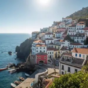 A picturesque cliffside village in Portugal featuring white houses with terracotta roofs overlooking the deep blue ocean and small fishing boats.