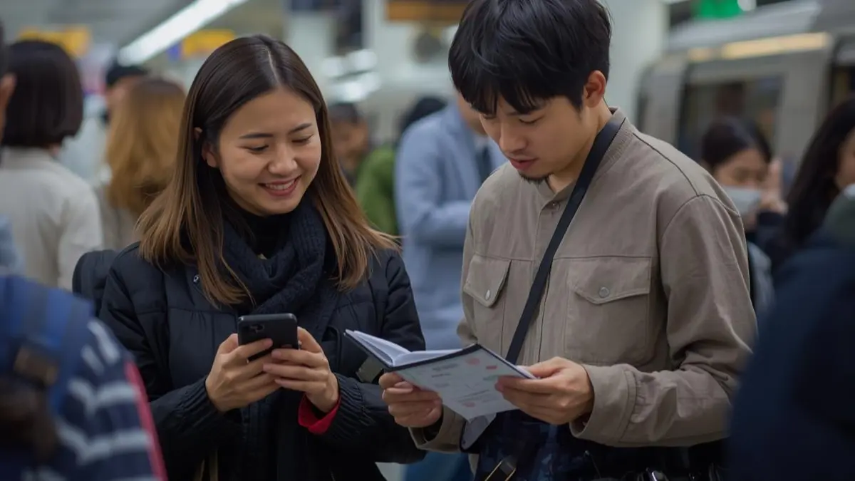 A couple calmly navigating a busy foreign train station using a smartphone and travel guide, representing the confidence of having professional travel support.