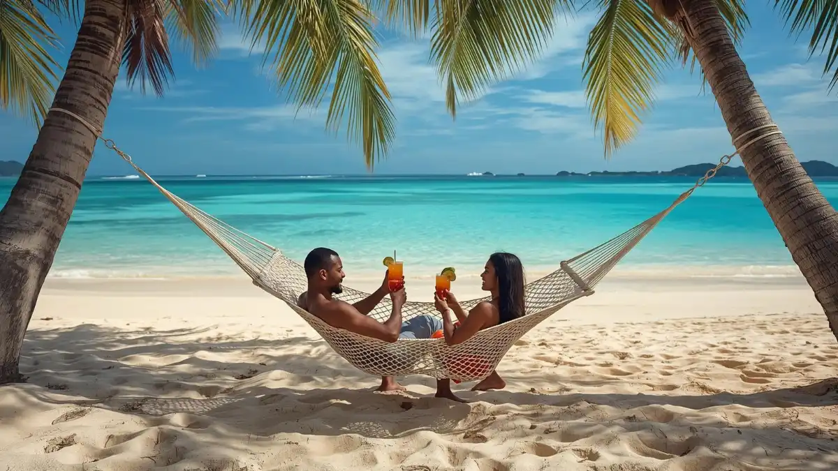 A couple relaxing in a hammock between palm trees on a pristine tropical beach, enjoying refreshing drinks during a stress-free luxury vacation.