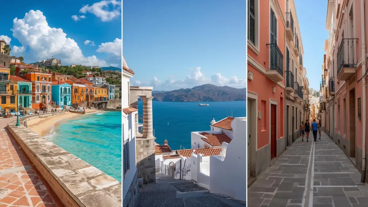 Bespoke Destinations A travel collage featuring three scenic destinations: a colorful coastal town, a white-washed Greek island overlooking the sea, and a charming historic European street.