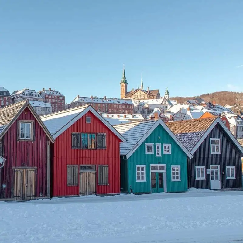 A row of colorful wooden shops and houses covered in snow in a Scandinavian town, with a historic church spire visible in the background.