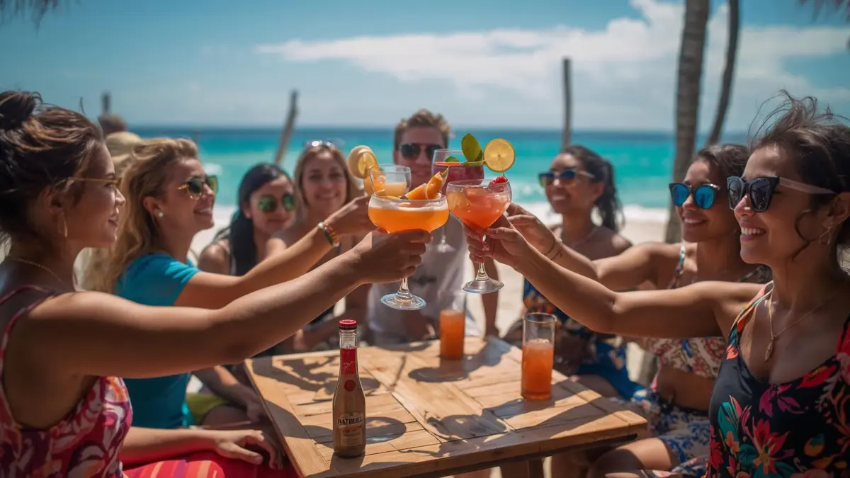 A joyful group of friends cheering with tropical cocktails at a sunny beach table in the Caribbean, enjoying a VIP vacation celebration.