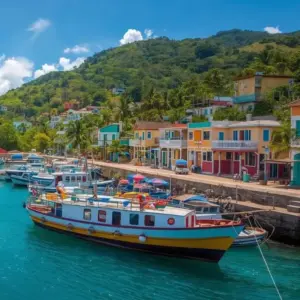 Colorful fishing boats docked in the turquoise waters of the harbor in Grenada, backed by lush green mountains and vibrant town buildings.