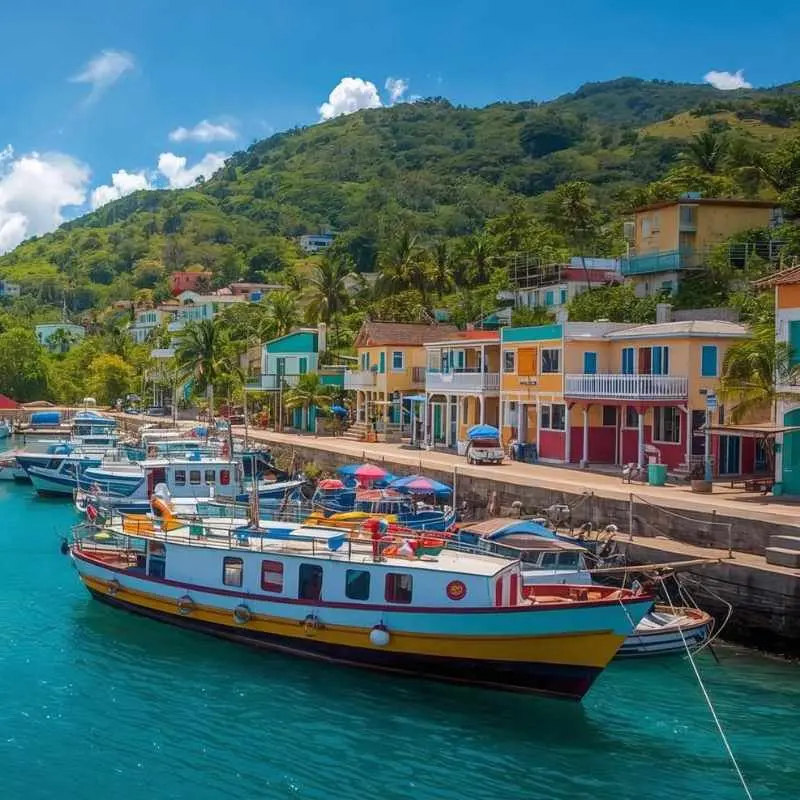 Colorful fishing boats docked in the turquoise waters of the harbor in Grenada, backed by lush green mountains and vibrant town buildings.