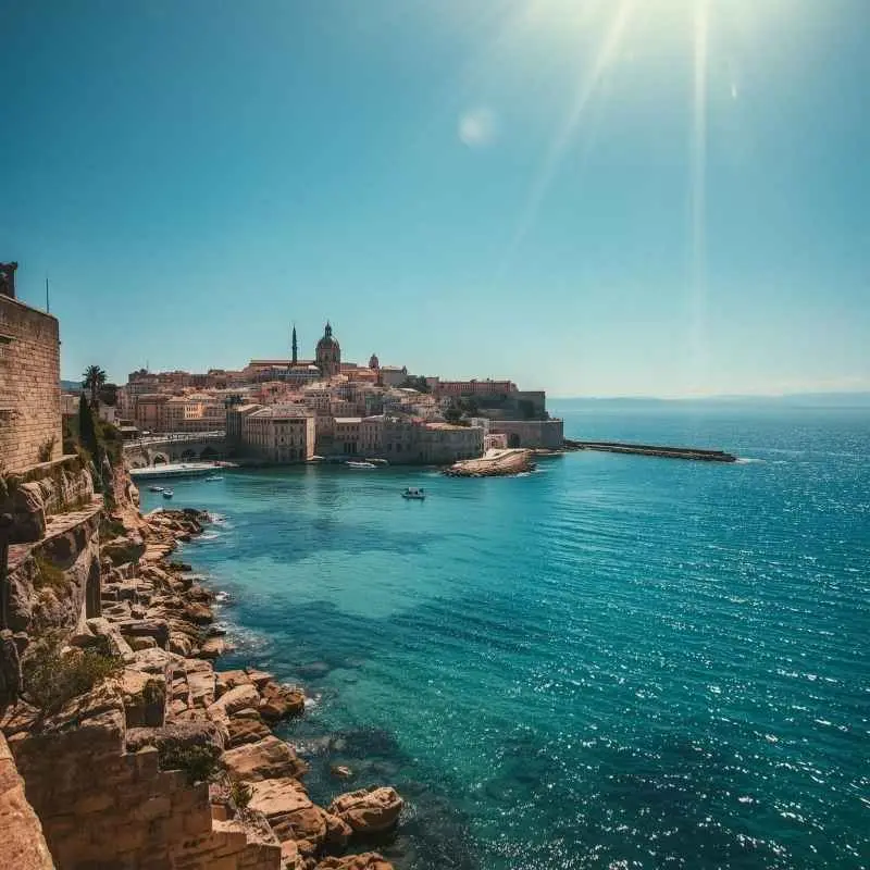Sunny view of the Valletta coastline in Malta, featuring ancient limestone buildings and fortifications rising from the glistening azure Mediterranean sea.