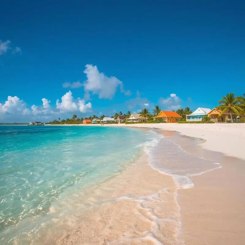 A pristine white sand beach in Aruba featuring crystal clear turquoise water and colorful beach cottages under a sunny blue sky.