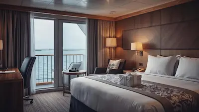 Interior of a luxury cruise ship stateroom featuring a king bed with a welcome gift, a sitting area, and a private balcony overlooking the ocean.