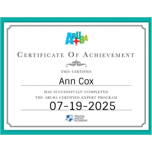 Aruba Certified Expert (ACE) badge signifying specialized knowledge in Aruba travel planning by Travel Tranquility.