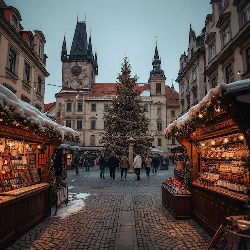 A magical winter scene at the Prague Christmas Market in Old Town Square, featuring a towering illuminated Christmas tree, wooden market stalls, and the gothic Tyn Church spires in the background.