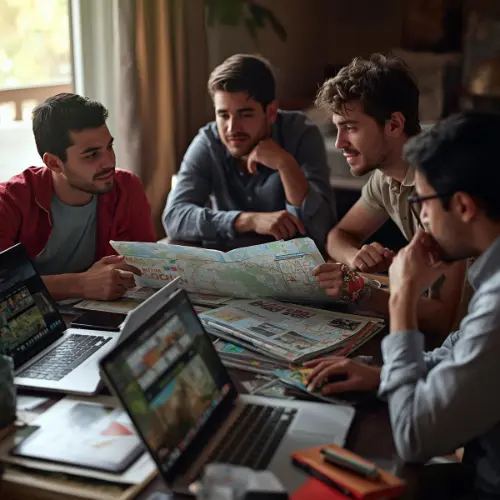 Travelers collaborating on a custom itinerary with maps and laptops, illustrating the flexible independent travel planning services of Travel Tranquility