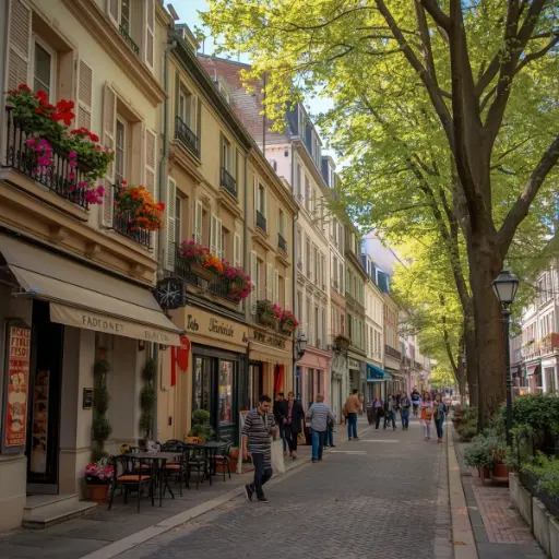 A picturesque cobblestone street in France lined with historic buildings, vibrant spring flowers in window boxes, and bustling outdoor cafes.