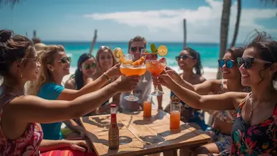 A joyful group of friends cheering with tropical cocktails at a sunny beach table in the Caribbean, enjoying a VIP vacation celebration.