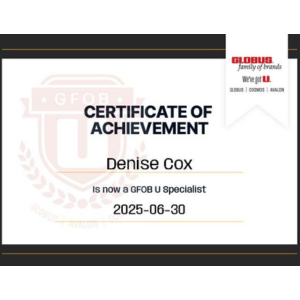 Globus Family of Brands Specialist certificate for Denise Cox, certifying expertise in Globus, Cosmos, and Avalon Waterways travel.