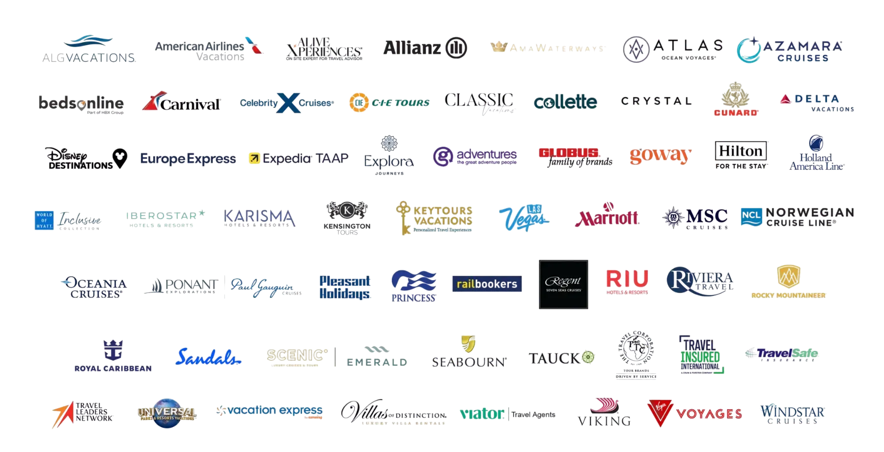 Our Preferred Travel Partners & Suppliers A collection of trusted travel partner logos including Sandals, Royal Caribbean, Viking, Disney, Globus, and Delta Vacations.