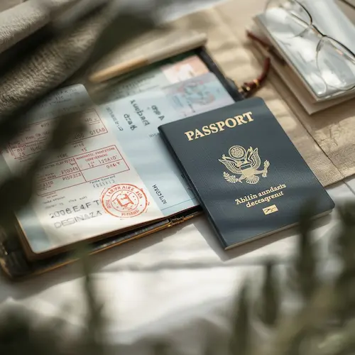 A US Passport and visa documents arranged on a desk, representing the travel document assistance services provided by Travel Tranquility.