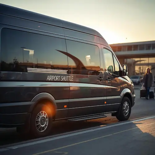 A luxury private airport transfer shuttle waiting curbside at sunset to transport Travel Tranquility clients.