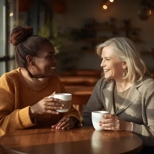 A friendly travel advisor having a relaxed, complimentary consultation with a client over coffee to plan a custom vacation.