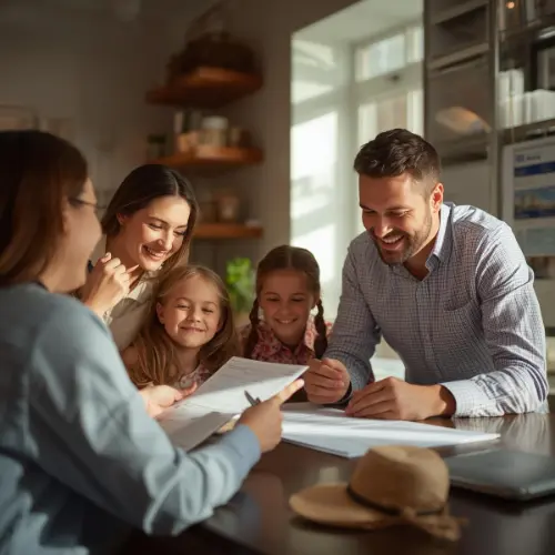 A happy family reviewing vacation pricing and exclusive perks with a Travel Tranquility advisor to ensure the best value.