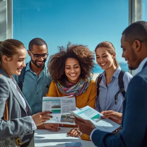 Travelers reviewing travel insurance brochures to ensure their vacation investment is protected against unexpected cancellations.