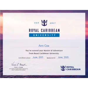Royal Caribbean Master of Adventure certificate awarded to Denise Cox, Travel Tranquility, certifying expert cruise planning knowledge.
