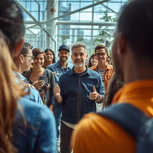 A diverse group of happy travelers giving thumbs up, for a seamless family reunion and group travel planning.