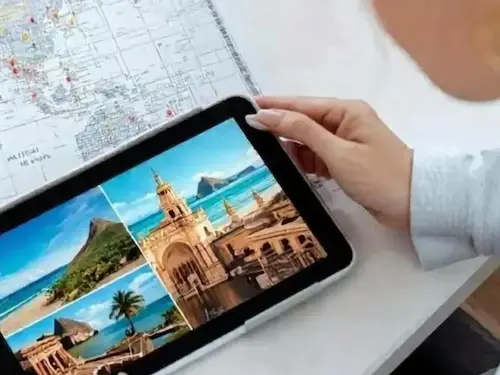 A traveler viewing a tablet with a map and tropical destinations, representing the quick and easy start to custom travel planning.
