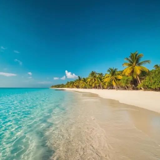 A serene tropical beach in Bonaire with crystal clear turquoise water gently lapping white sand lined with vibrant green palm trees under a blue sky.
