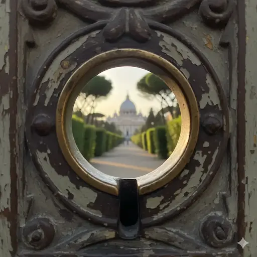 A perfectly framed view of St. Peter's Basilica seen through the famous Aventine Keyhole in Rome, surrounded by garden hedges.