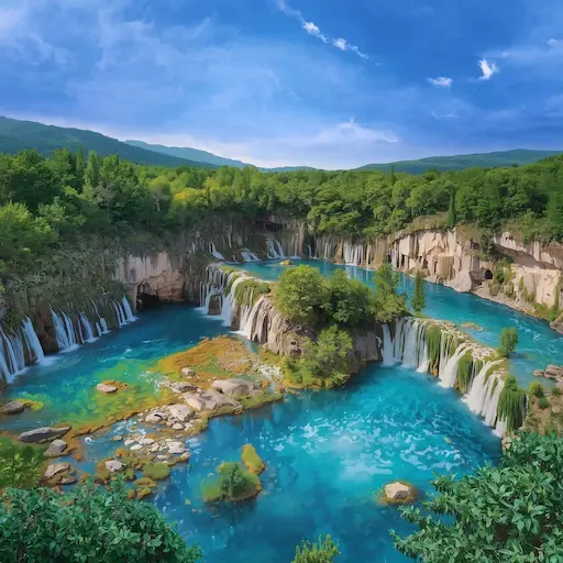 Breathtaking turquoise waterfalls cascading into clear lakes at Plitvice Lakes National Park in Croatia.