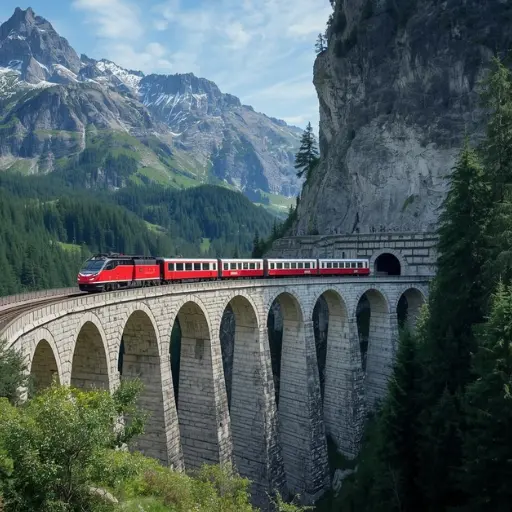 The iconic red Glacier Express train crossing the high stone Landwasser Viaduct amidst the Swiss Alps.