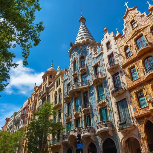 Intricate, colorful Gaudi-style architecture on a historic building under a bright blue sky in Barcelona, Spain.