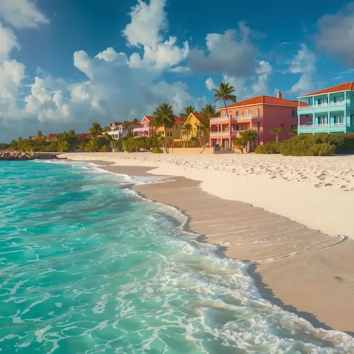 A pristine white sand beach in Aruba featuring crystal clear turquoise water and colorful beach cottages.