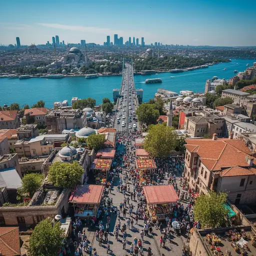 Aerial view of the busy Galata Bridge spanning the Golden Horn in Istanbul, Turkey, with historic mosques on the skyline.