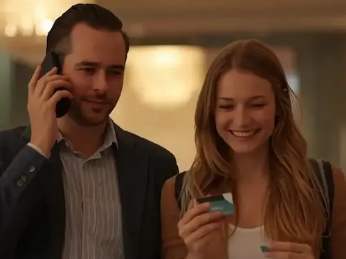 A relieved couple using 24/7 in-destination support, representing the seamless luxury booking and emergency assistance provided by Travel Tranquility.