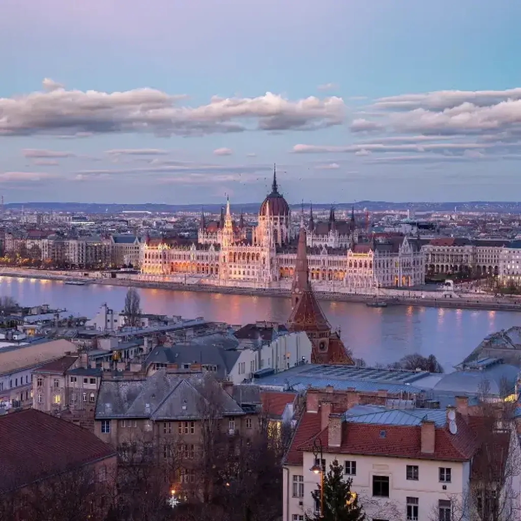 A stunning dusk view overlooking the Danube River and cityscape in Budapest, Hungary
