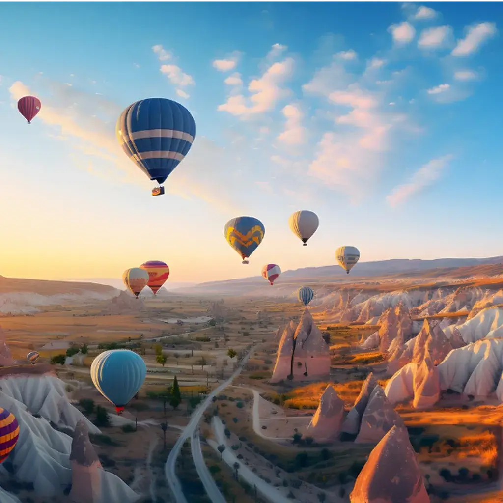 A sky filled with breathtaking hot air balloons floating over the unique rock formations of Cappadocia, Türkiye