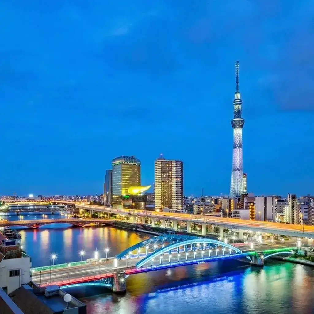 A vibrant and bustling evening cityscape view of Tokyo, Japan