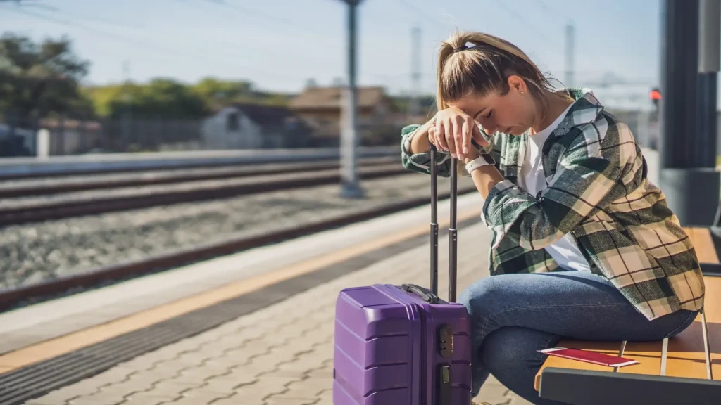 A stressed woman resting her head on her hands while sitting at a train station platform next to her purple suitcase.