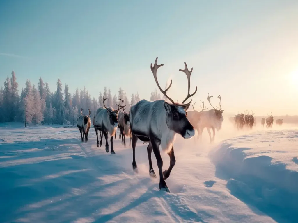A herd of reindeer walking through a bright, snow-covered winter landscape at sunset.