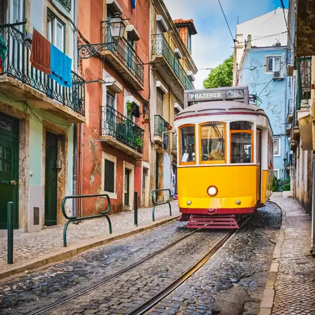 Famous vintage yellow Tram 28 riding through the narrow, colorful streets of Lisbon, Portugal