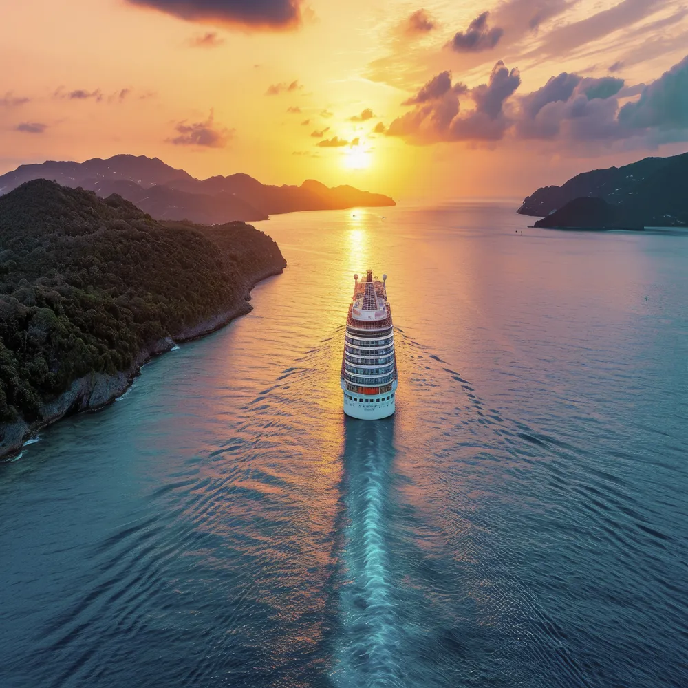 A luxury cruise ship sailing into a warm, golden sunset, surrounded by lush, green tropical islands.