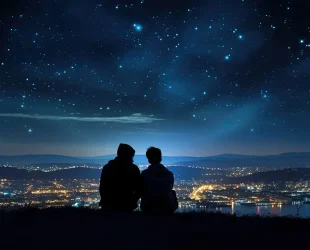 Two people sitting on a hill at night, overlooking the glowing lights of a sprawling coastal city.