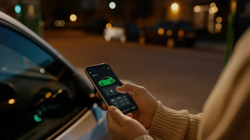 A solo female traveler safely monitoring their ride share app on a smartphone at night while navigating a new city.