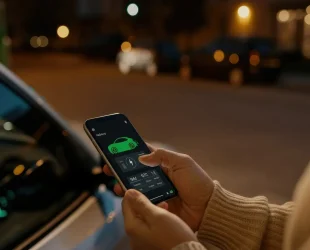 A solo female traveler safely monitoring their ride share app on a smartphone at night while navigating a new city.