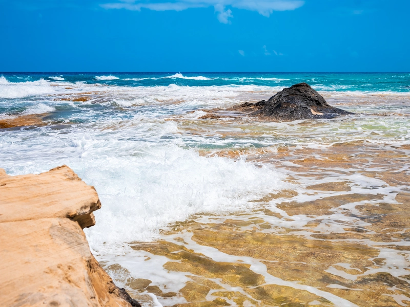 A serene, empty sandy beach with gentle ocean waves in Vieques, Puerto Rico.